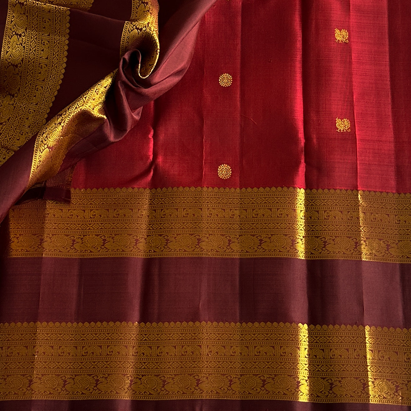 Crimson Maroon Silk Saree With Gold Zari Border Traditional Wedding