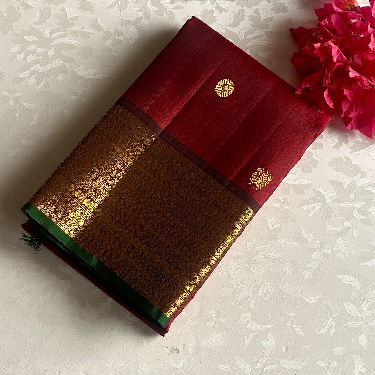 Maroonish Red Kanjeevaram Pure Zari Silk Saree With Wine Brown Pallu
