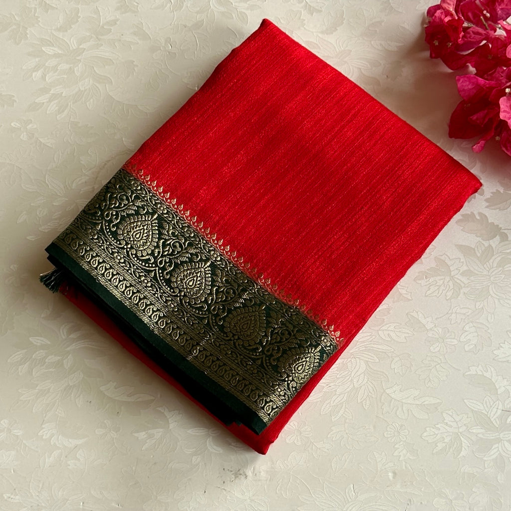 Crimson Red Silk Saree Antique Gold Pallu Forest Green Border