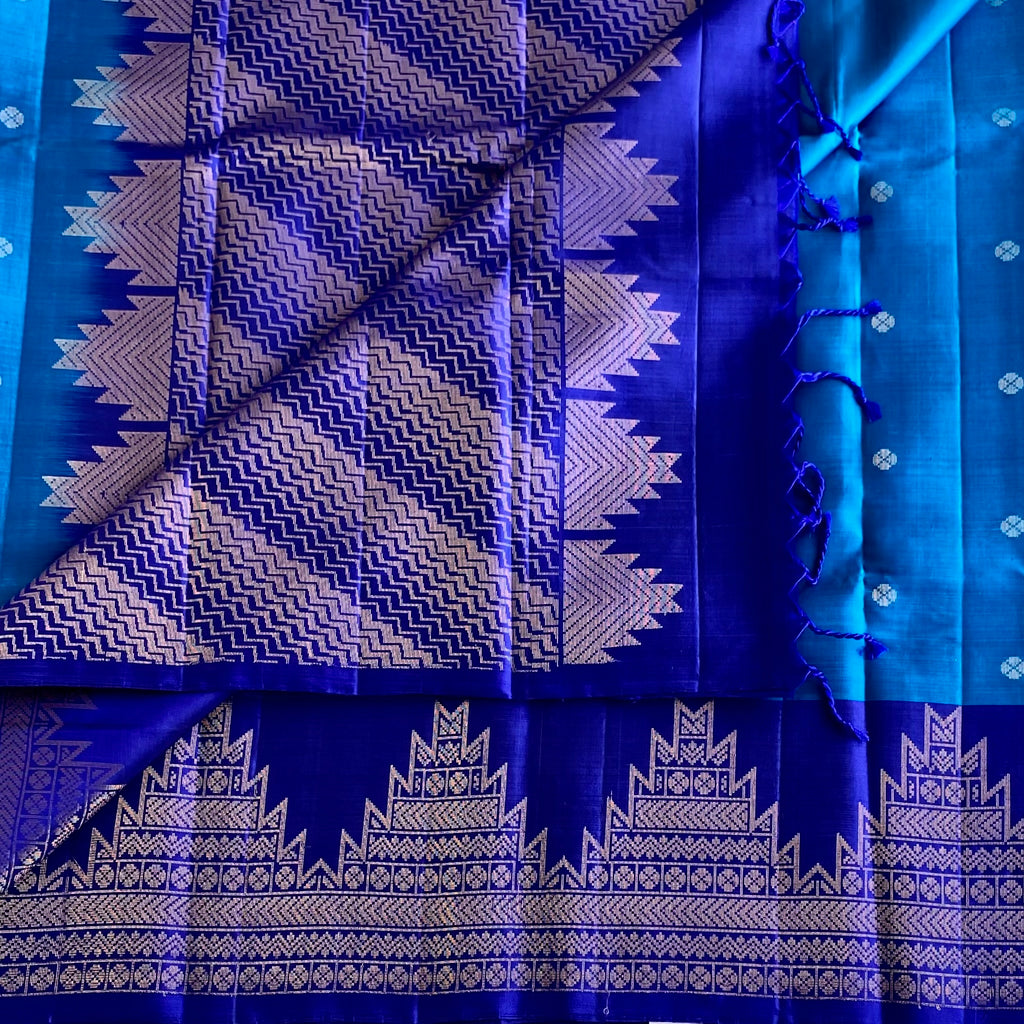 Turquoise Blue With Royal Blue Designer Pure Silk Saree With Temple Borders