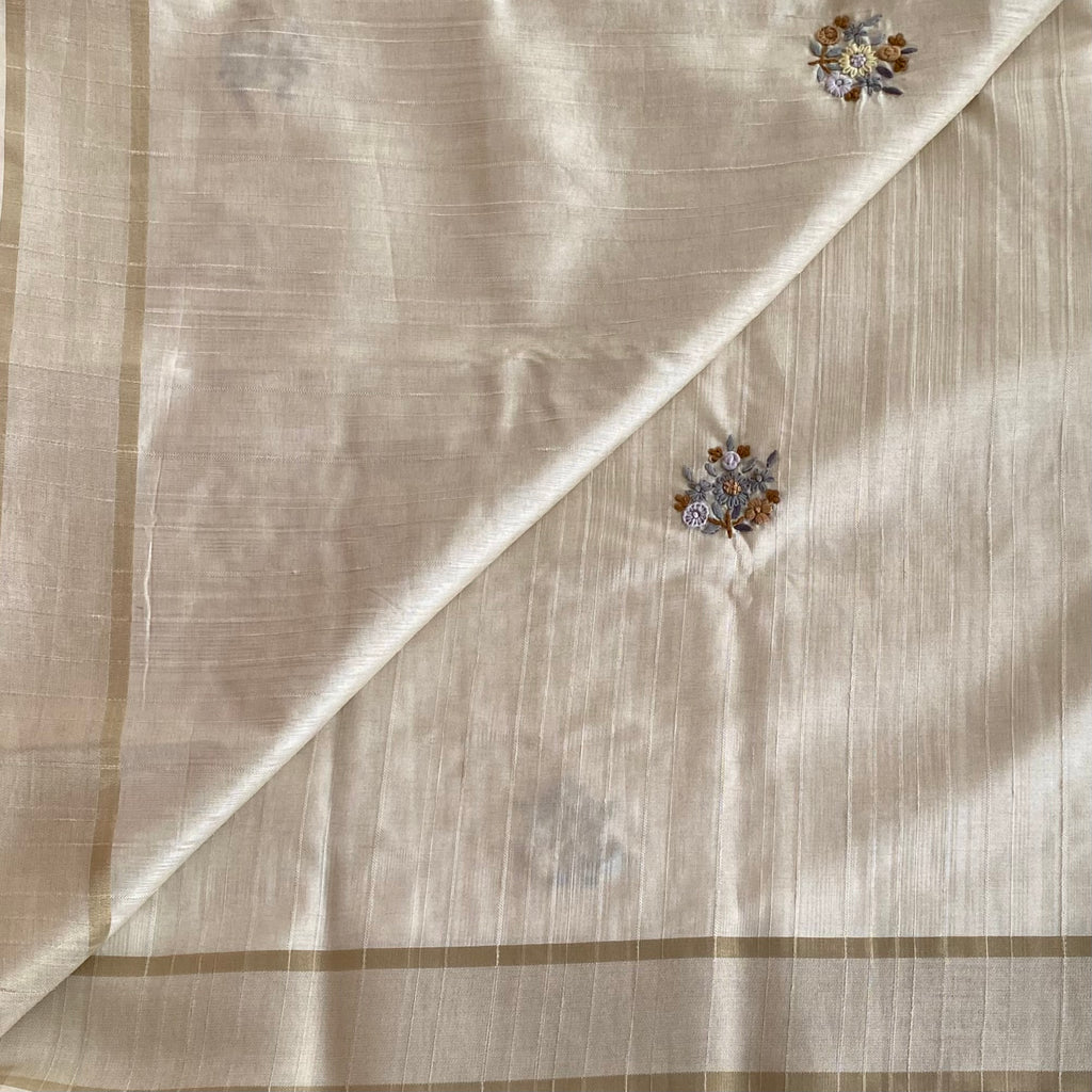 Elegant Champagne Saree Lavender Mustard Floral Embroidery Gold Border Traditional