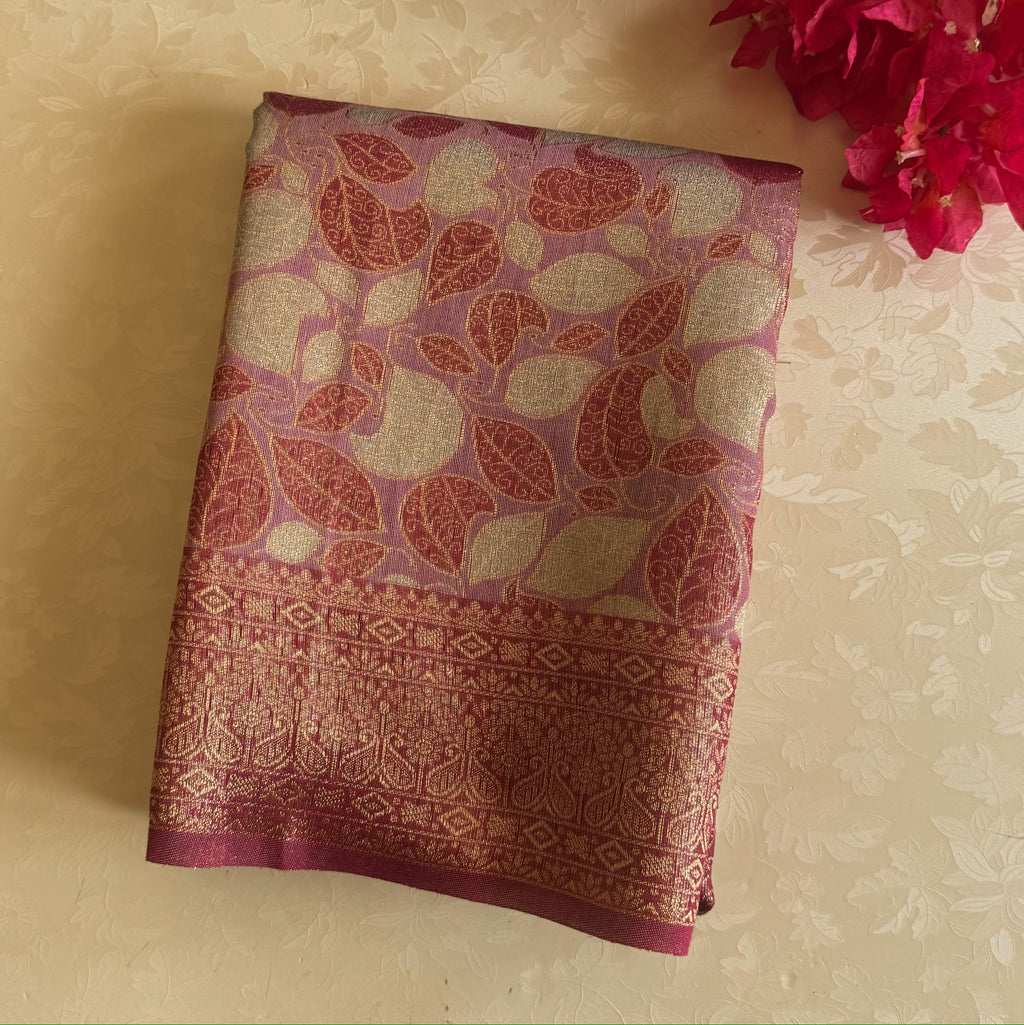Magenta Brocade Leaf Motif Saree With Antique Gold Zari