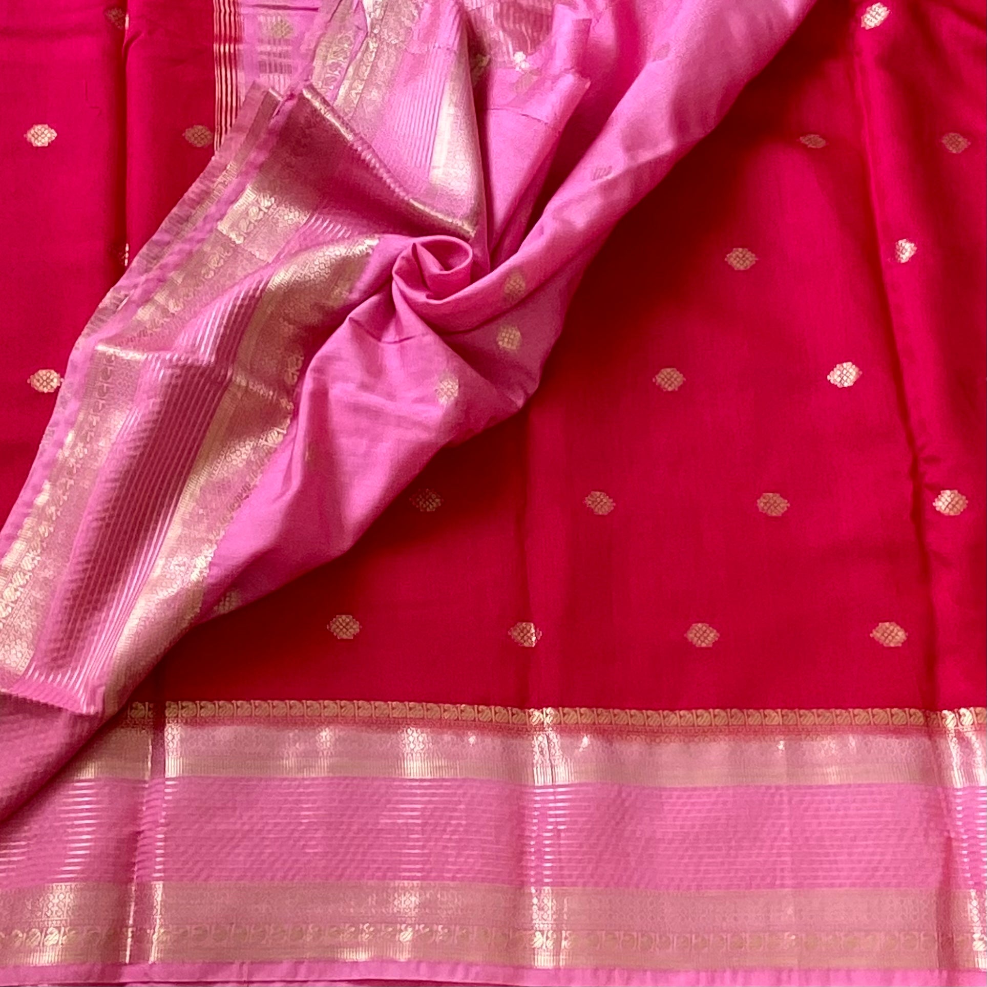 Deep cherry red with Rose Pink Pallu Antique Gold soft tussar