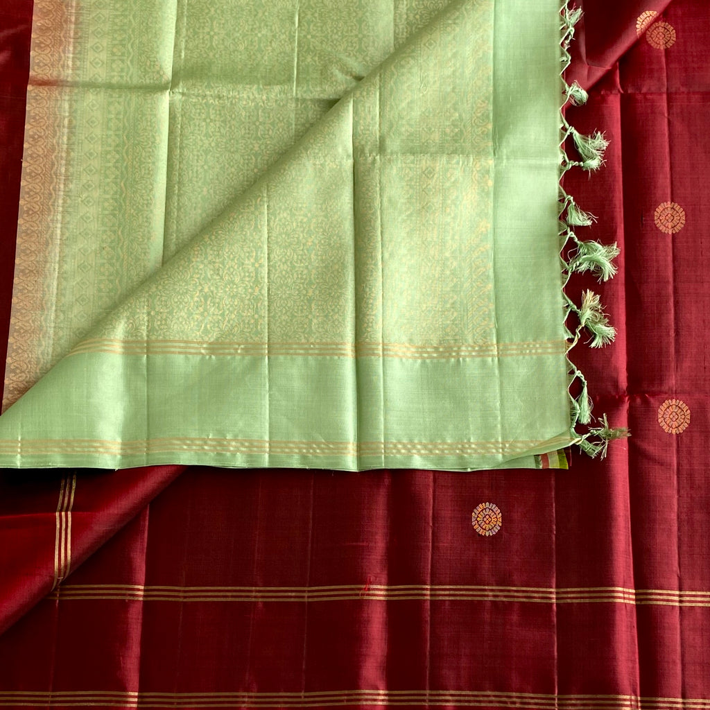 Rustic Maroon Designer Pure Silk Saree With Mint Green Pallu