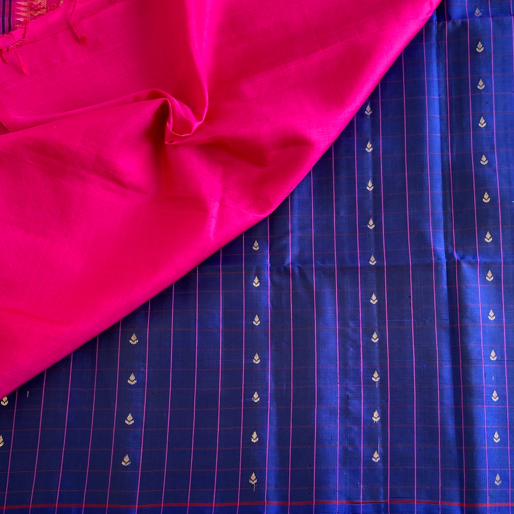 Deep Royal Blue Blue Designer Pure Silk Saree With Hot Pink Pallu
