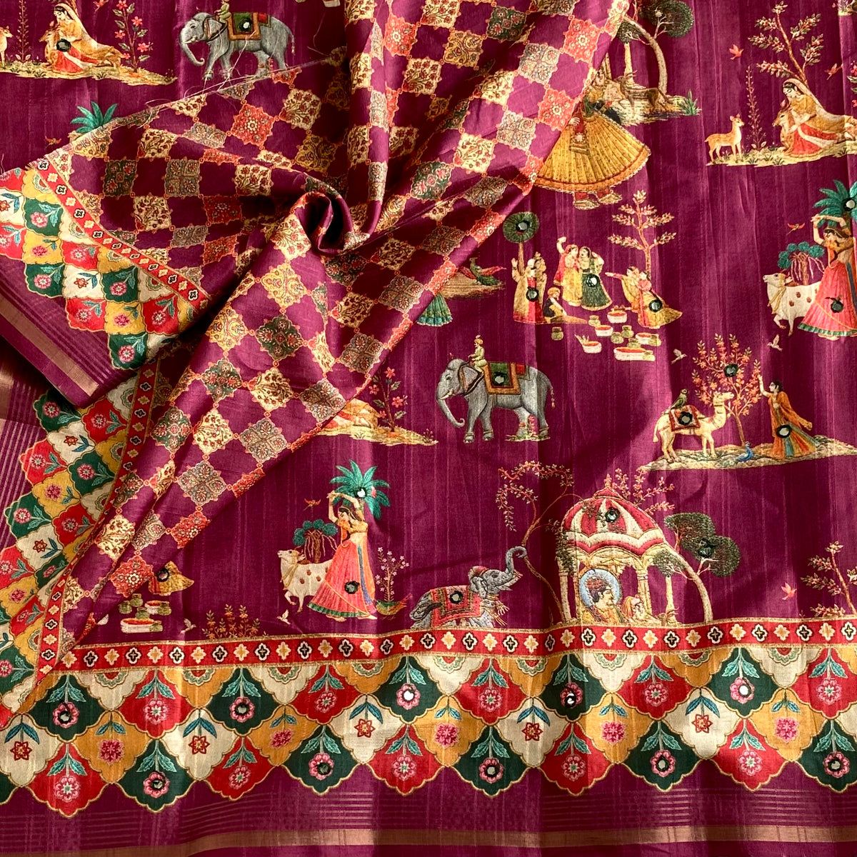 Deep Magenta Designer Soft Printed Tussar Saree Mustard Yellow & Mirror Work
