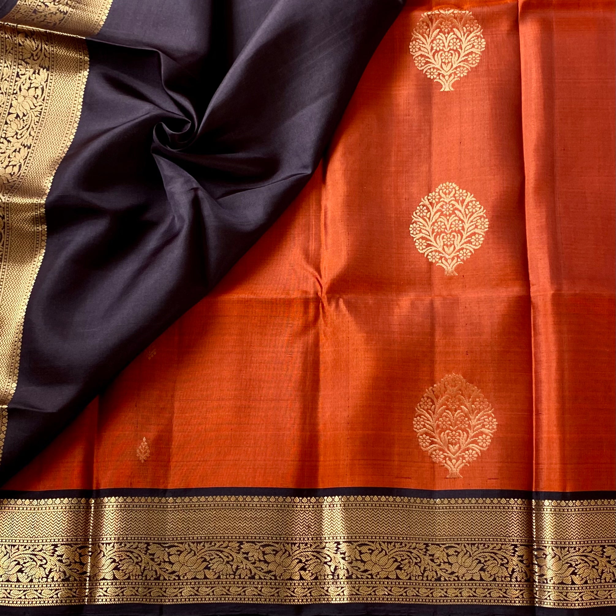 Burnt Orange Saree with Gold Zari Border and Brown Pallu