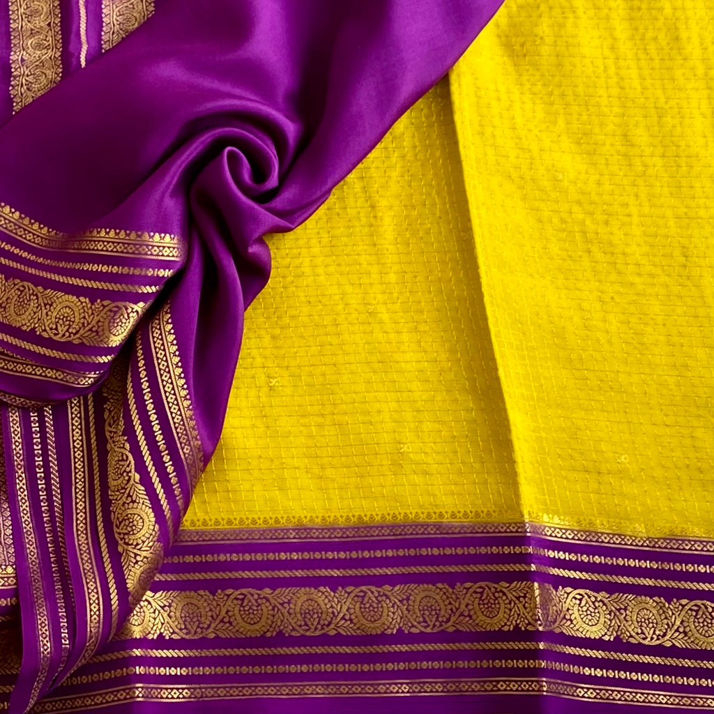 Sunflower Yellow Checketed Mysore Crepe Silk Saree With Royal Purple Pallu