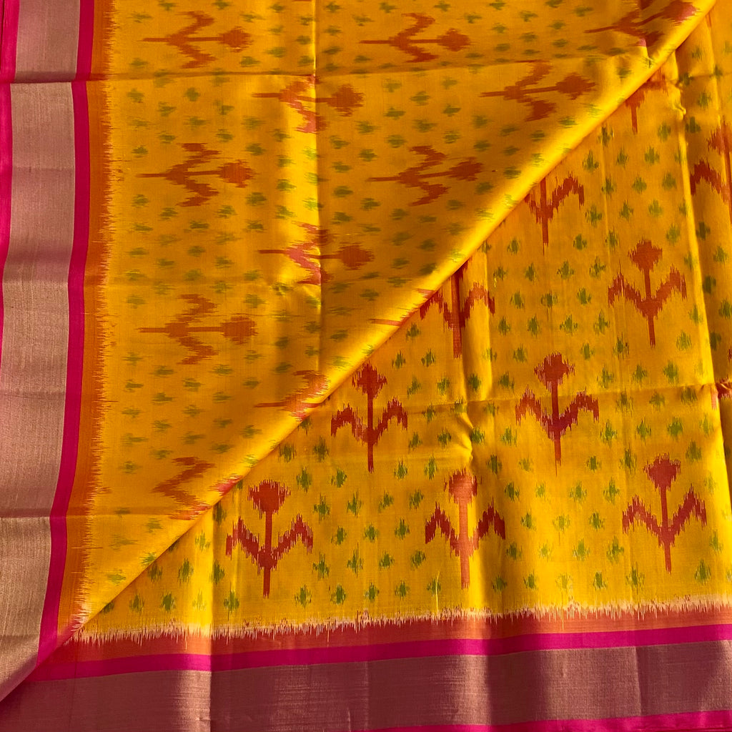 Mustard Yellow Designer Ikkat Pure Silk Saree With Rani Pink Pallu