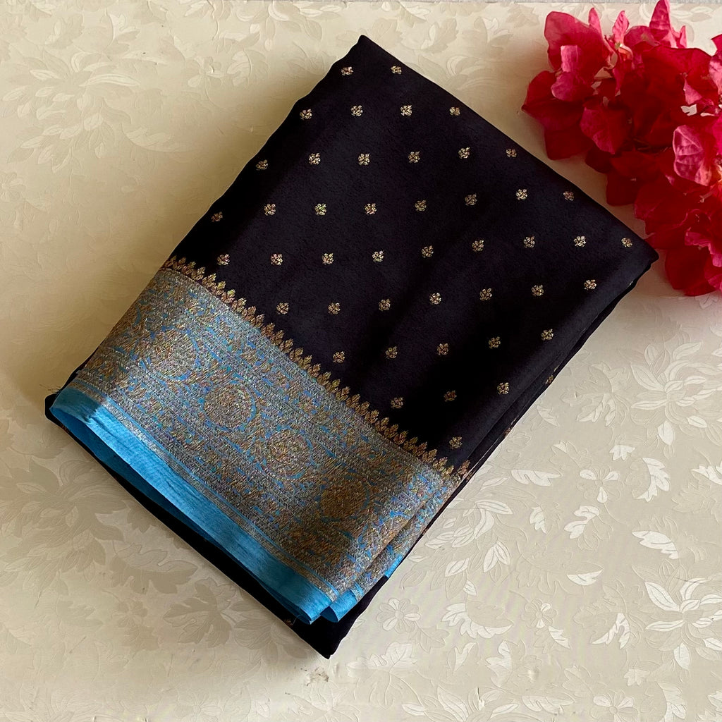 Gorgeous Black Banarasi Crepe Silk Saree With Turquoise Blue Border