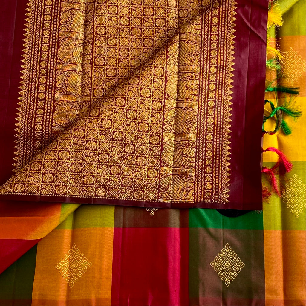 Designer Kollam Multi-Checkered Kanjeevaram Pure Zari Silk With Deep Maroon Pallu