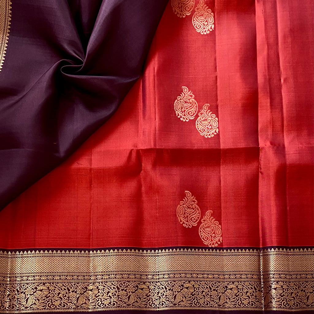 Brick Red Designer Pure Silk Saree Deep Wine Maroon Zari Border