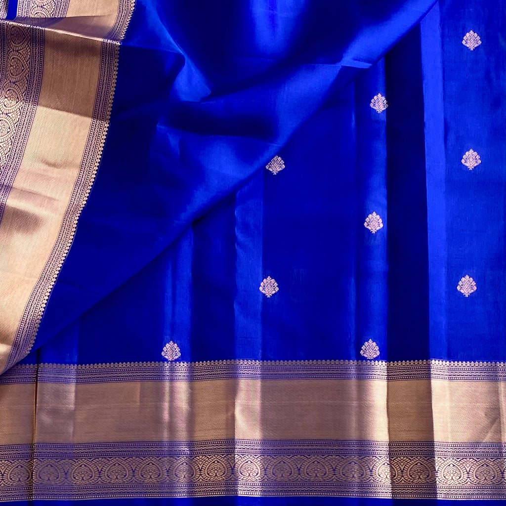 Cobalt Blue Designer Pure Silk Saree With Copper Gold Border