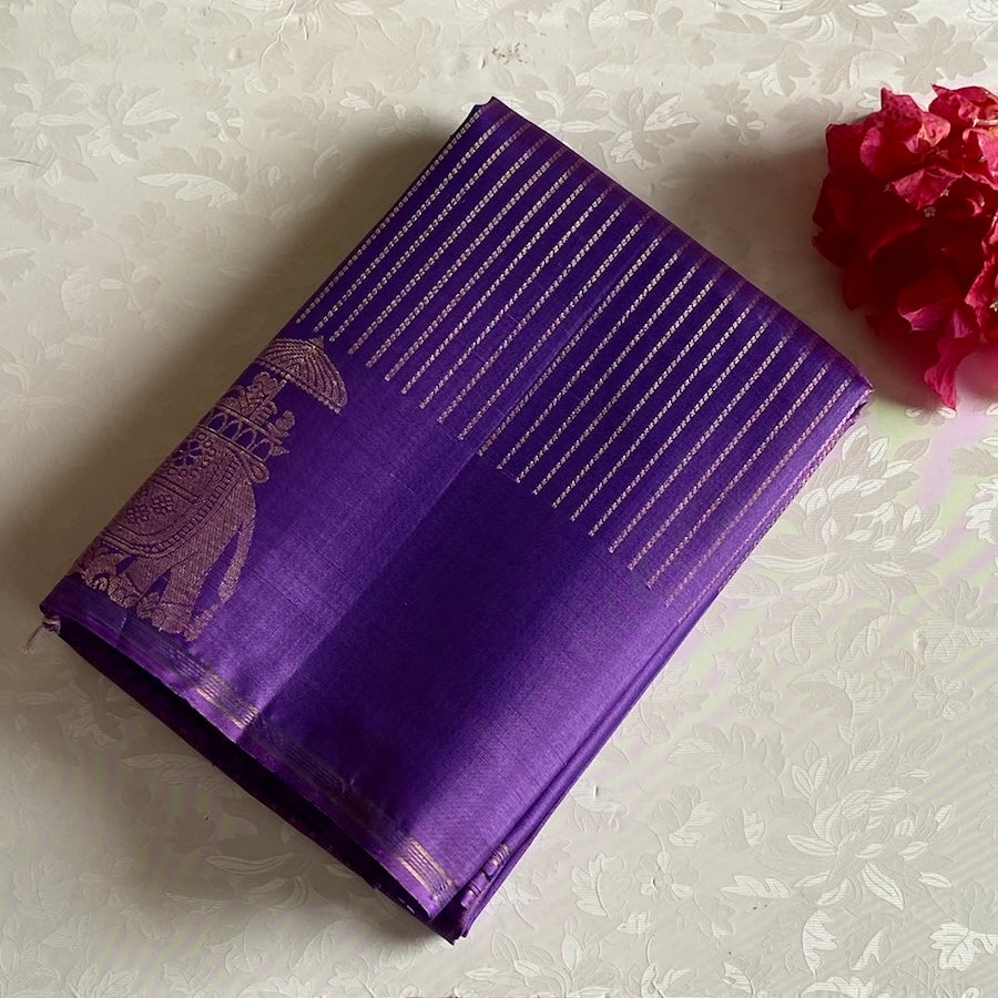 Metallic Lavender Designer Pure Silk Saree With Antique Gold Motifs