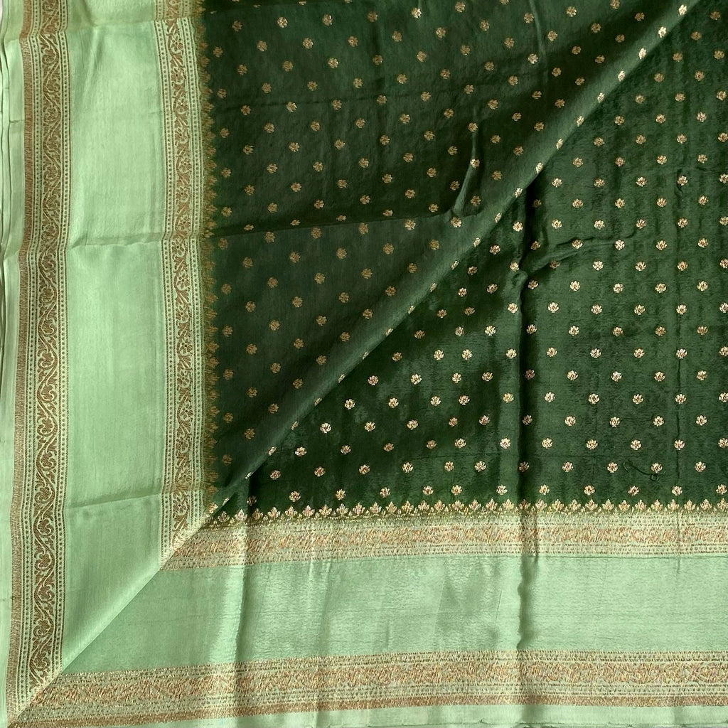 Bottle Green Banarasi Crepe Silk Saree With Mint Green Pallu