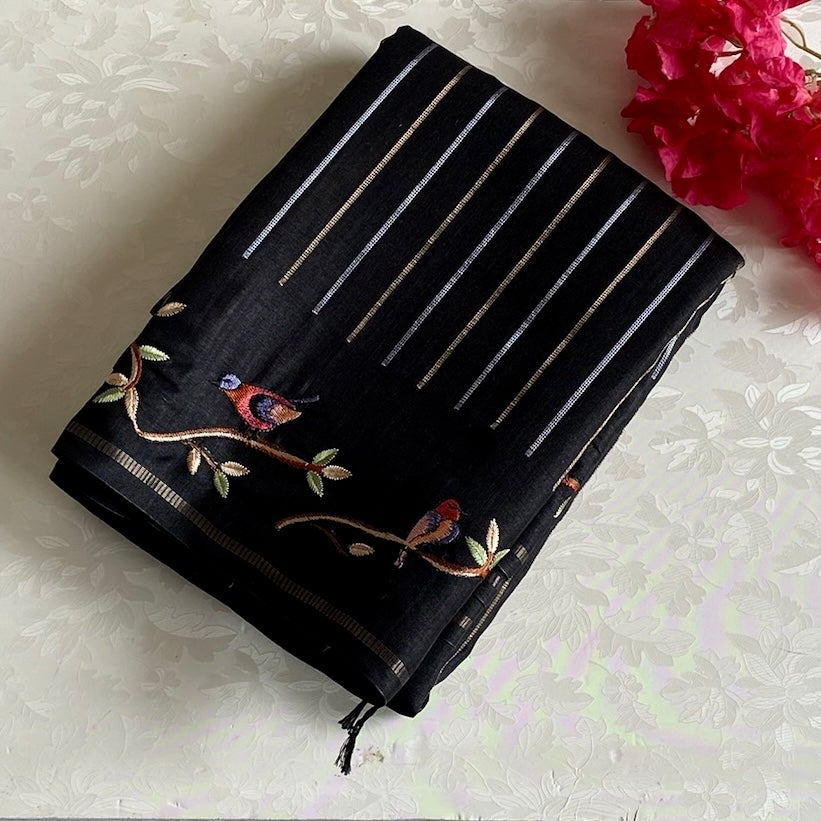 Jet Black Soft Tussar With Stripes & Designer Embroidered Borders