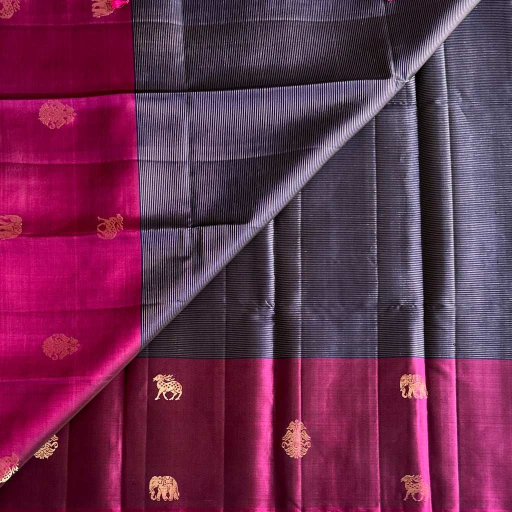 Magenta Silk Saree Antique Gold Jacquard Pallu Elephant Buta Traditional