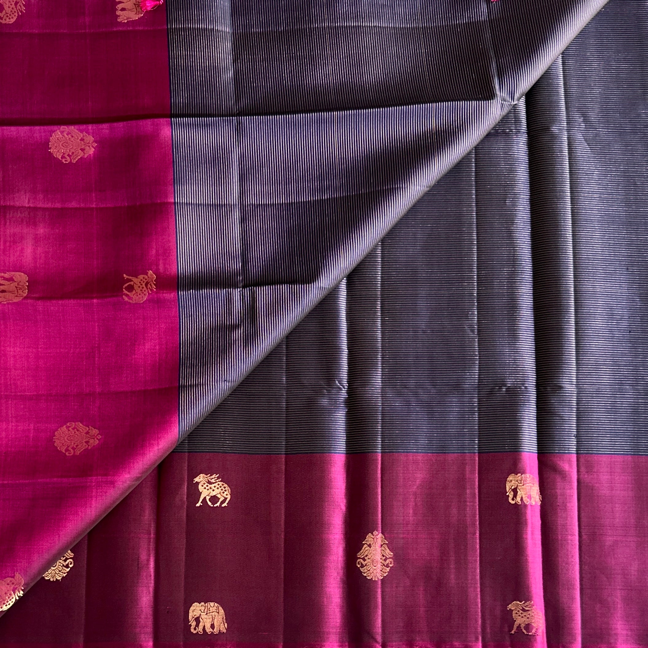 Magenta Silk Saree Antique Gold Jacquard Pallu Elephant Buta Traditional