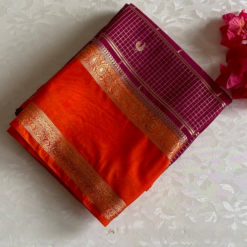 Vibrant Wine Soft Crepe Checkered Silk With Rust Orange Contrast