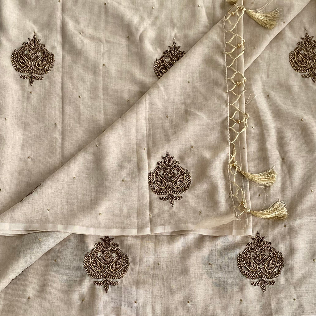 Beige Paisley Embroidered Silk Saree with Macrame Tassels Gold Buti