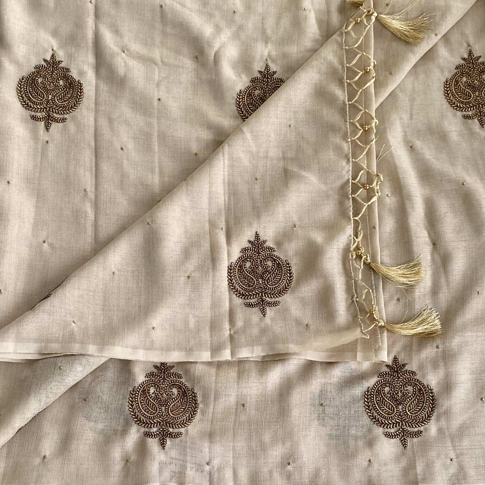 Beige Paisley Embroidered Silk Saree with Macrame Tassels Gold Buti