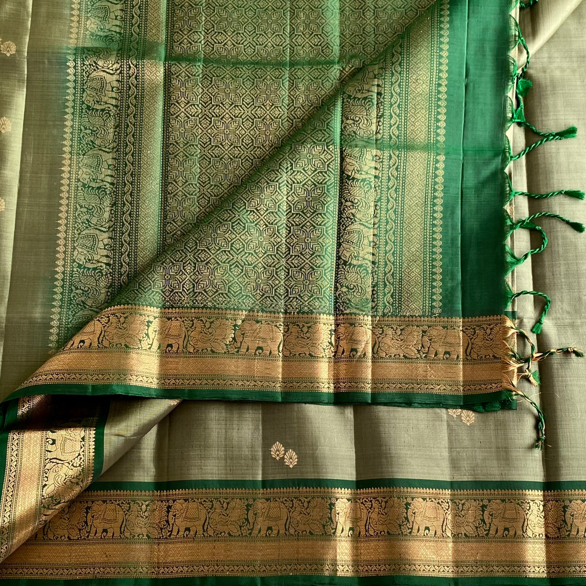 Sage Green Designer Pure Silk Saree With Emerald Green Pallu