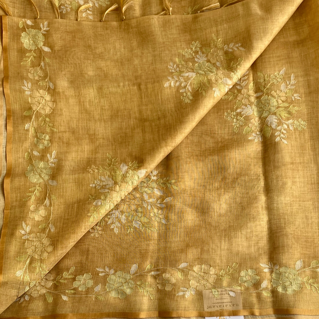 Mustard Gold Floral Embroidered Saree with Tassel Border Elegant Lightweight