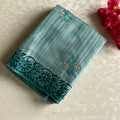 Seafoam Green Teal Border Embroidered Paisley Pallu Floral Sprig Saree