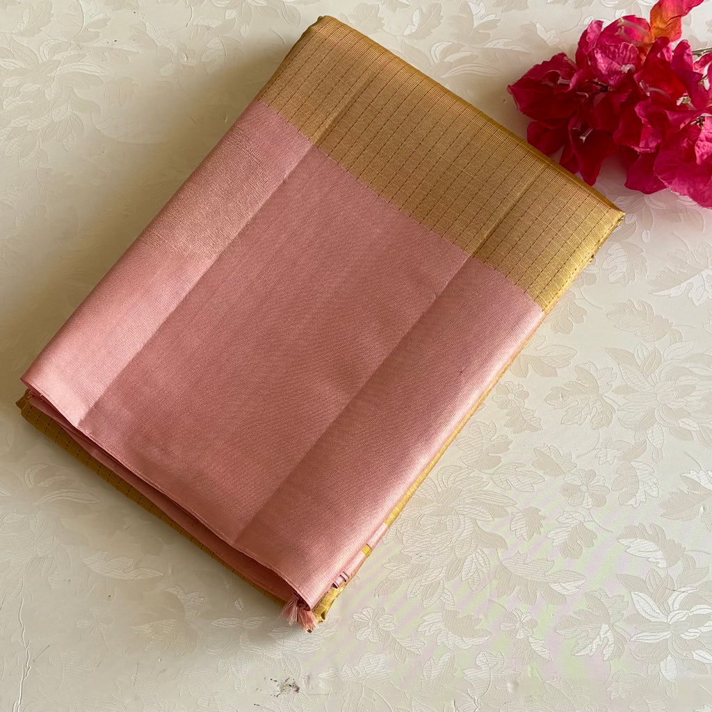 Light Pastel Olive & Dusty Rose Designer Pure Silk Saree With Antique Gold Accents