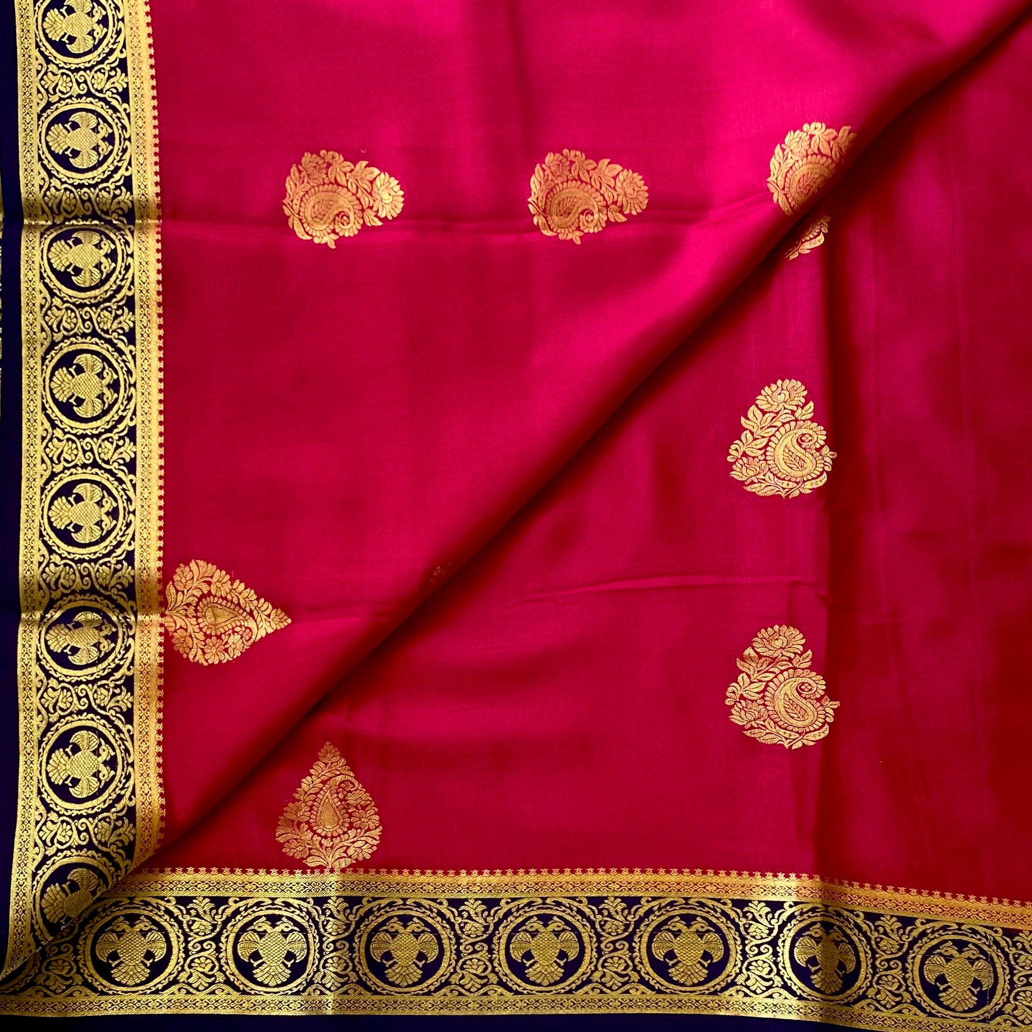 Magenta Silk Saree with Gold Paisley and Indigo Brocade Border
