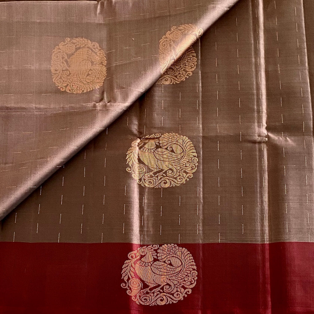 Slate Gray Designer Pure Silk Saree With Burgundy Maroon Pallu