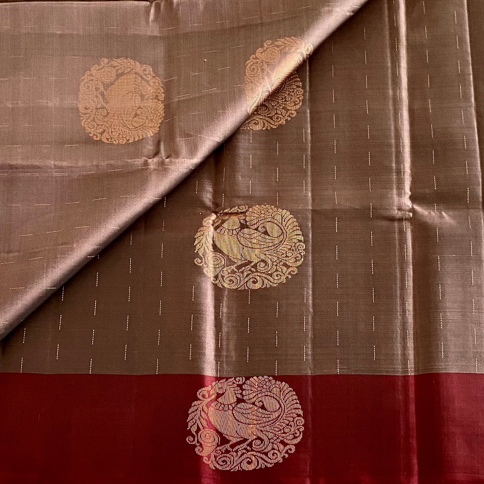 Slate Gray Designer Pure Silk Saree With Burgundy Maroon Pallu