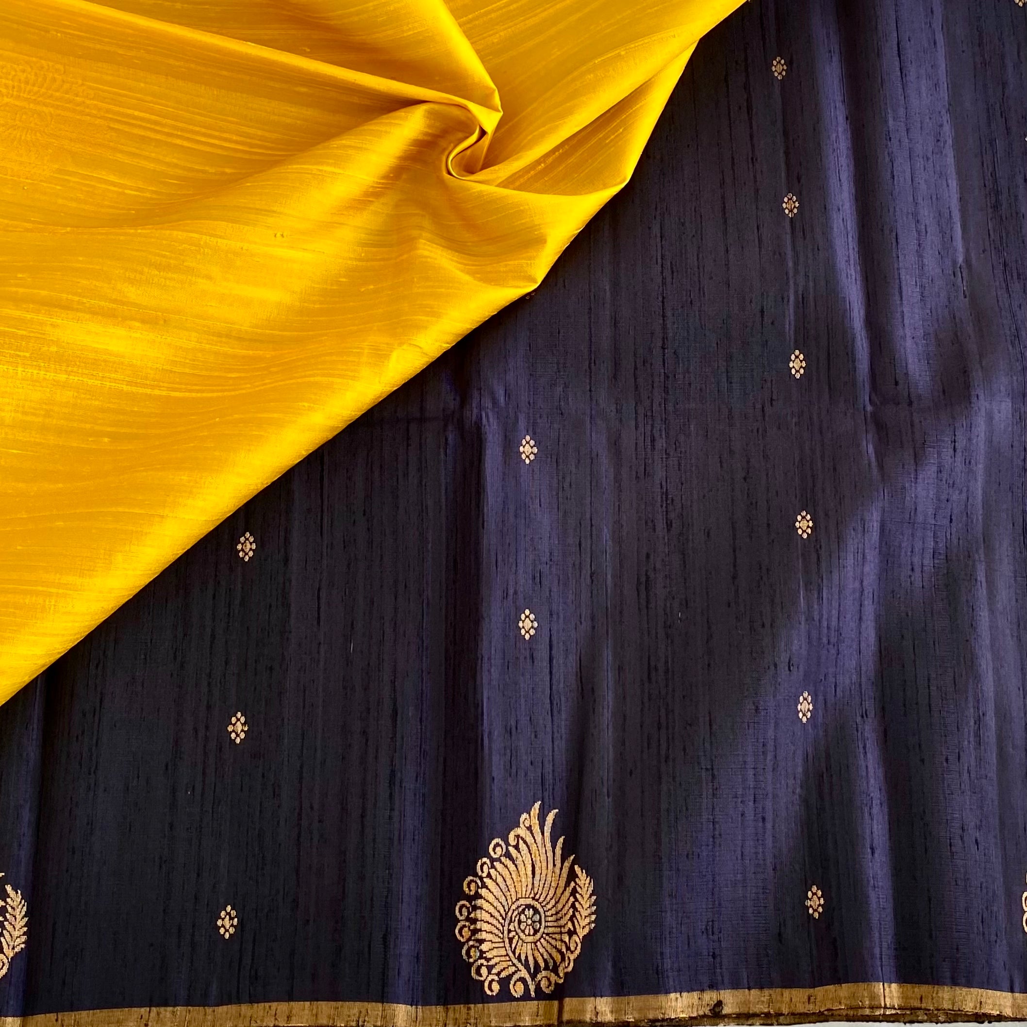 Navy Blue Designer Pure Raw Silk Saree With Golden Yellow Contrast Blouse