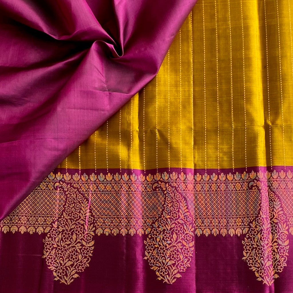 Mustard Gold Designer Pure Silk With Rich Magenta Contrast