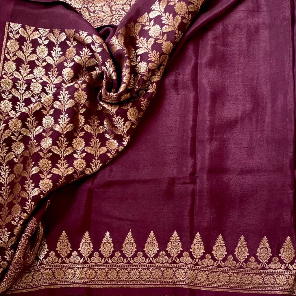 Plum Purple Saree with Rose Gold Brocade Floral Border Pallu