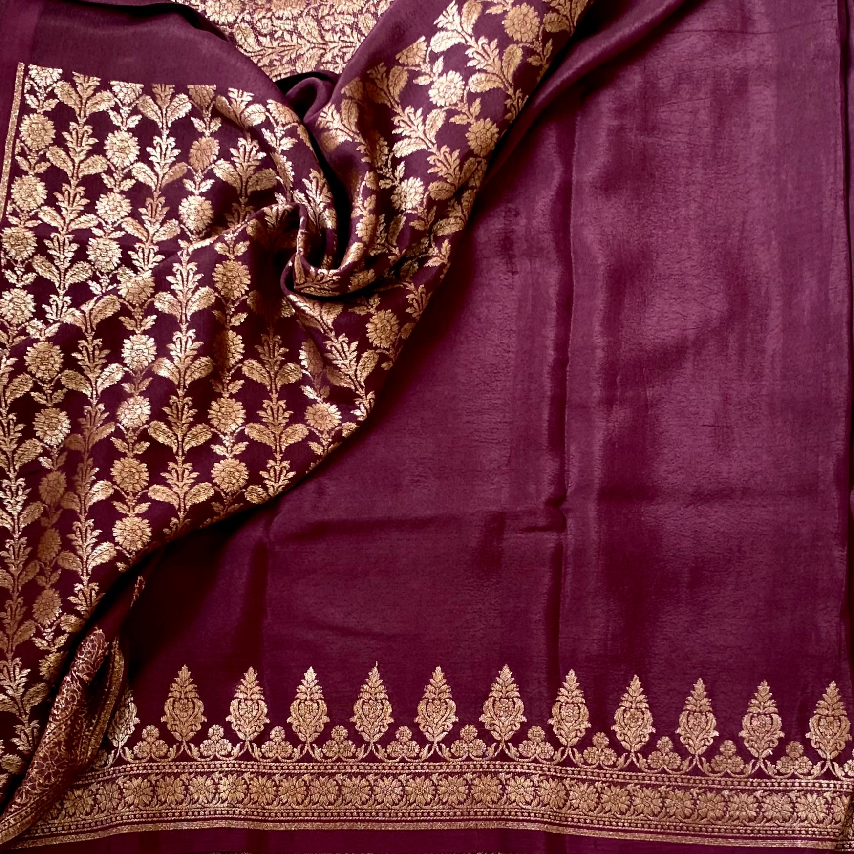 Plum Purple Saree with Rose Gold Brocade Floral Border Pallu