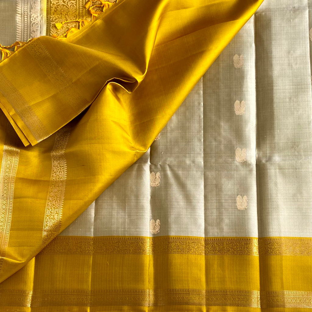 Champagne Beige Designer Pure Silk Saree With Golden Yellow Pallu