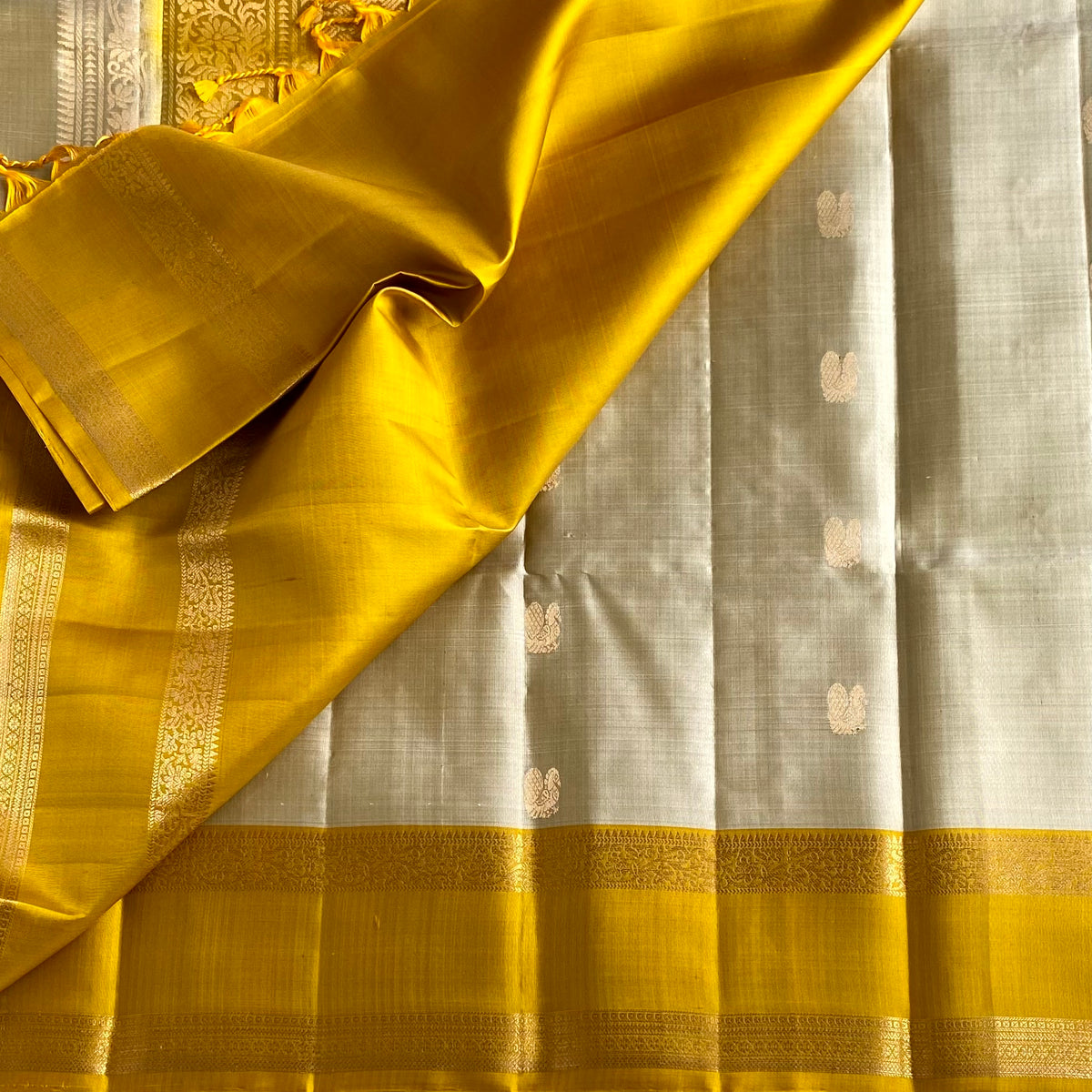 Champagne Beige Designer Pure Silk Saree With Golden Yellow Pallu