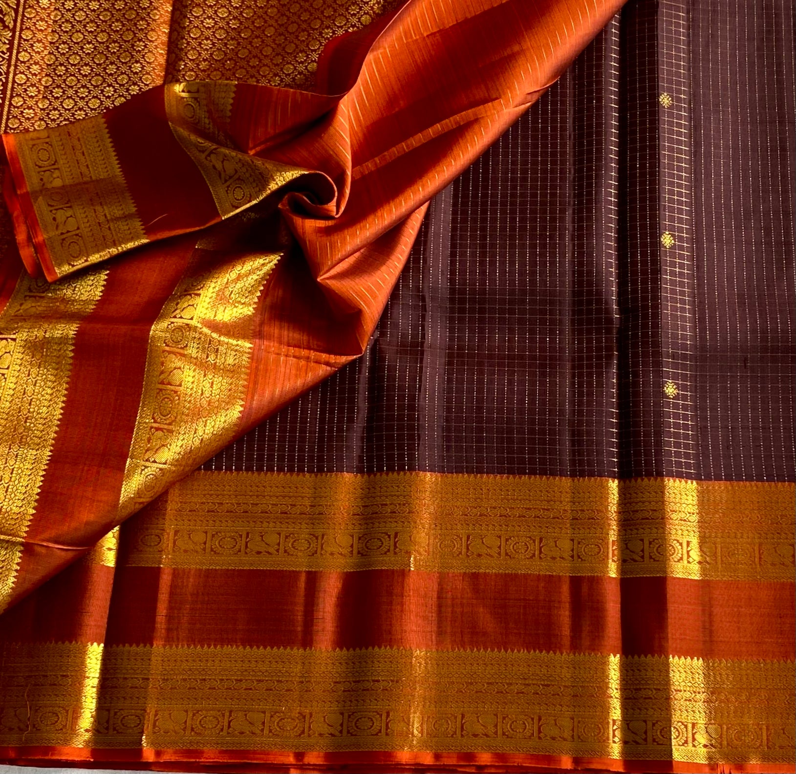 Rust Red Gold Brocade Silk Saree with Aubergine Contrast Pallu