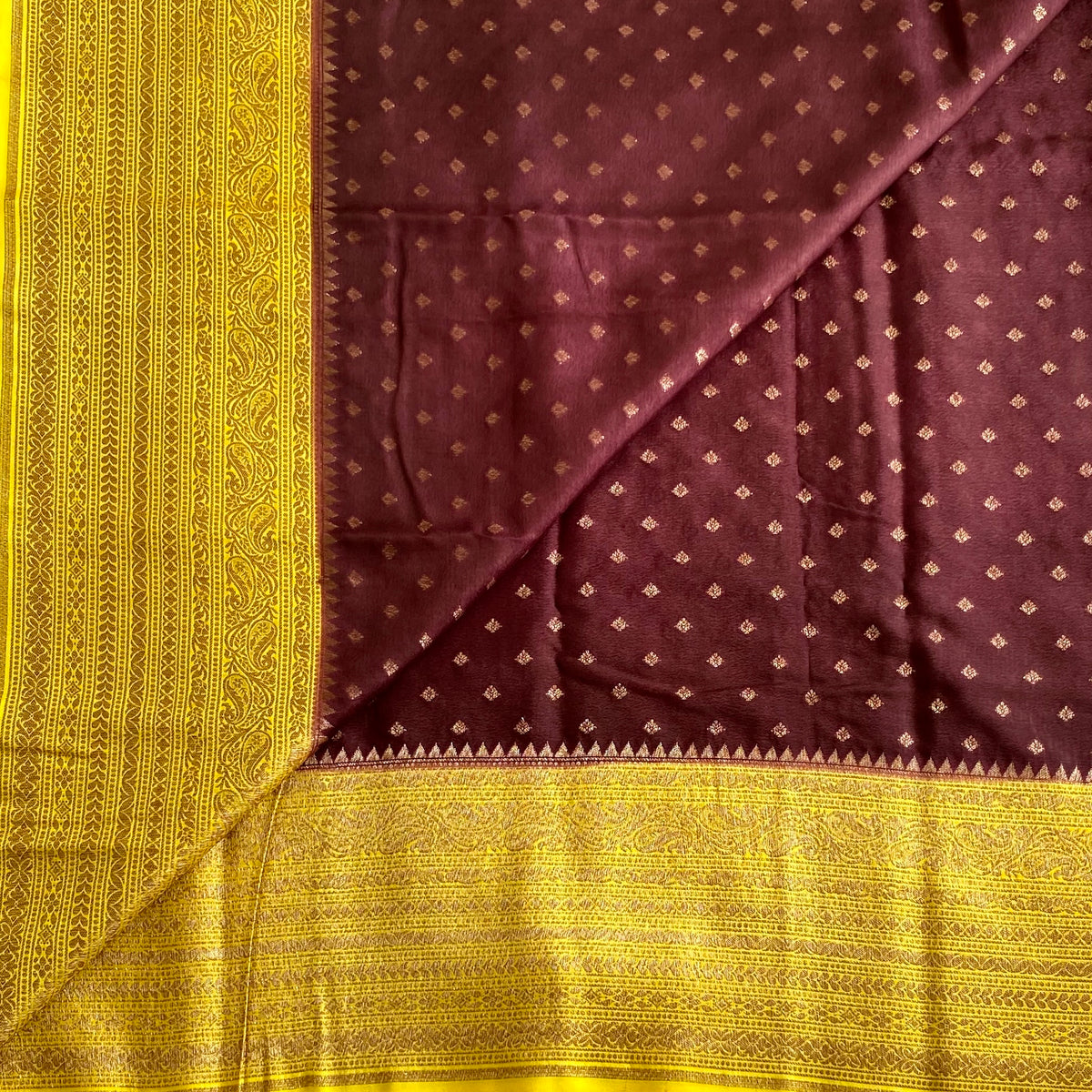 Deep Maroon & Mustard Yellow Banarasi Crepe Silk Saree With Zari Buttas
