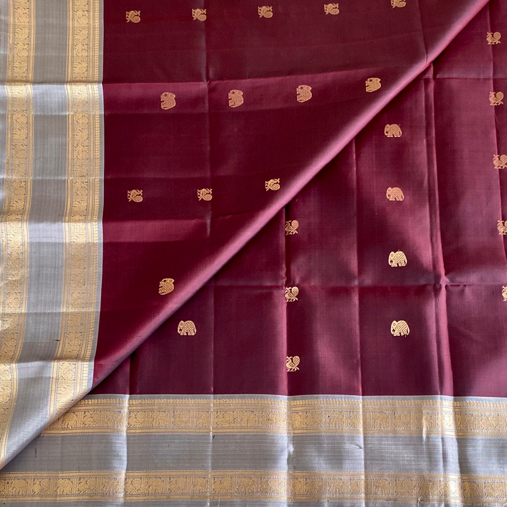 Deep Maroon Designer Pure Silk Saree With Silver Gray Brocade Pallu