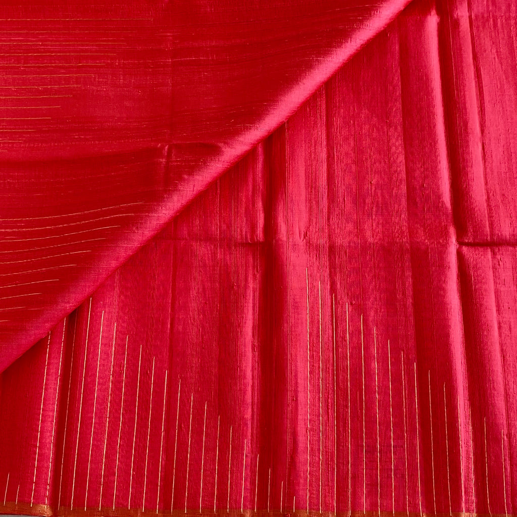 Peach Pink Designer Pure Raw Silk Saree With Jet Black Pallu Gold Stripes
