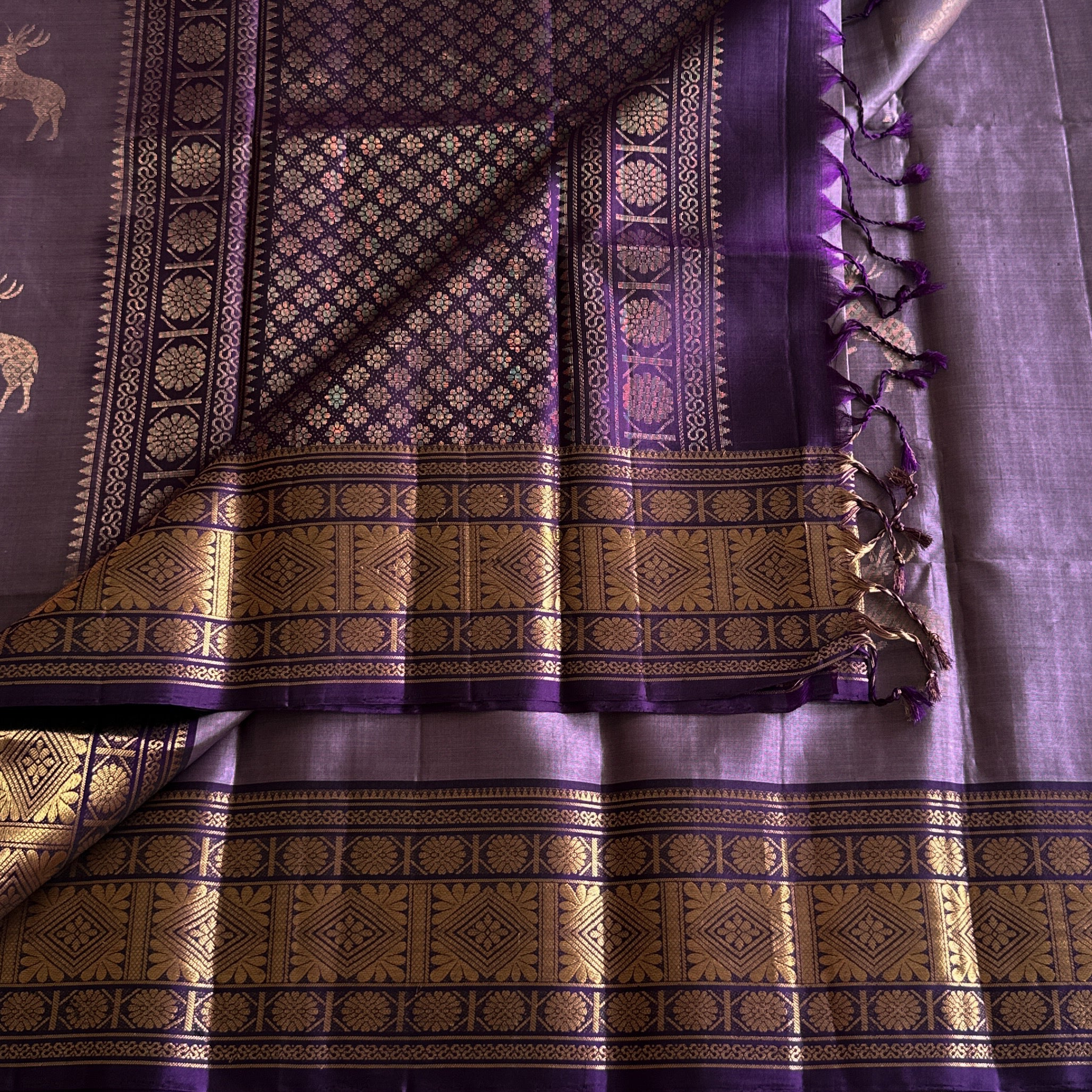 Deep Violet Silk Saree With Gold Zari Brocade Border And Pallu