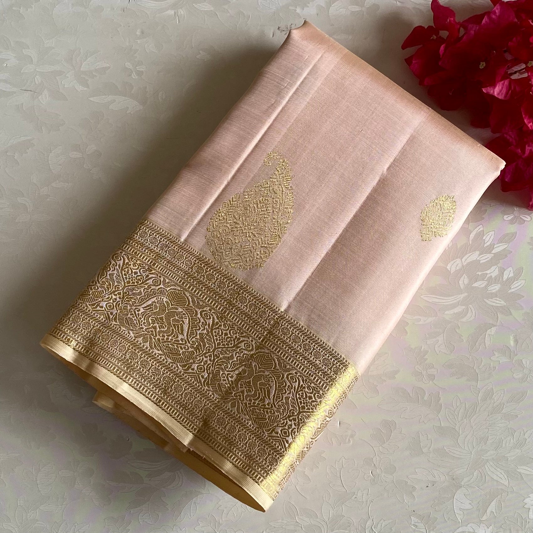 Blush Ivory Pearl Kanjeevaram Pure Zari Silk With Metallic Gold Border