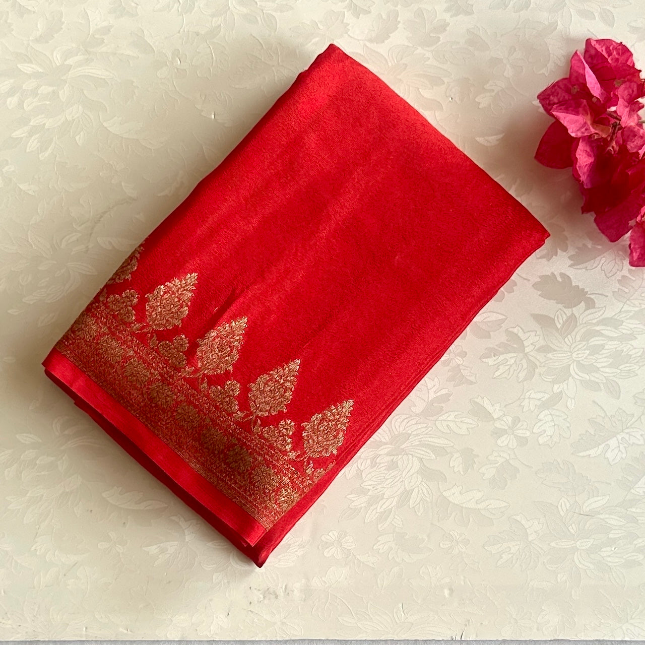 Scarlet Banarasi Soft Crepe with Antique Gold Woven Floral Border