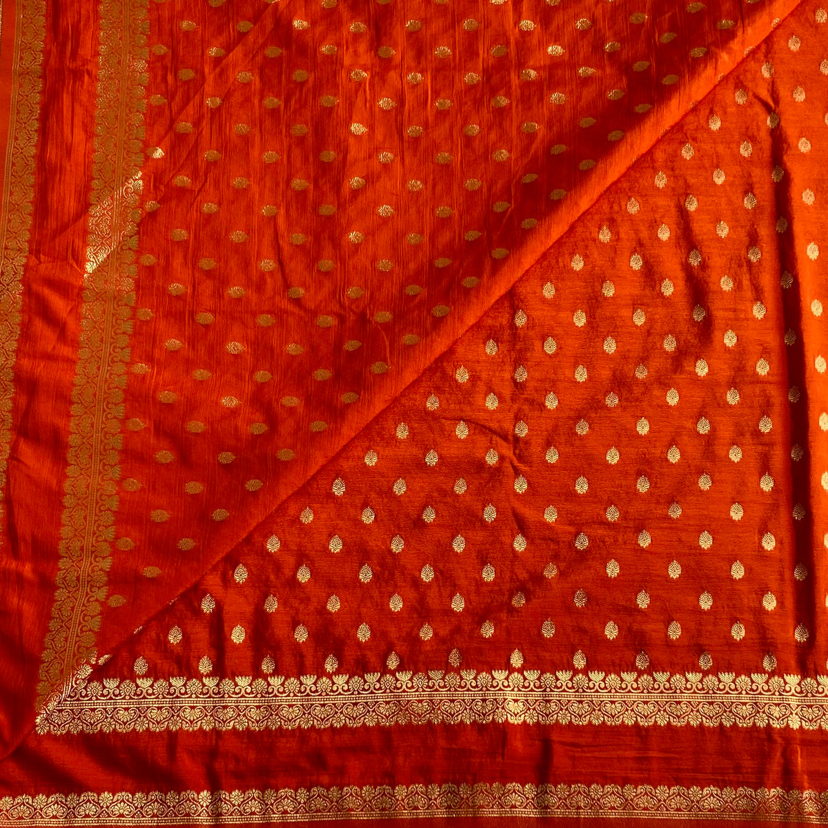 Burnt Orange Soft Tussar Silk Saree With Metallic Gold Brocade Pallu