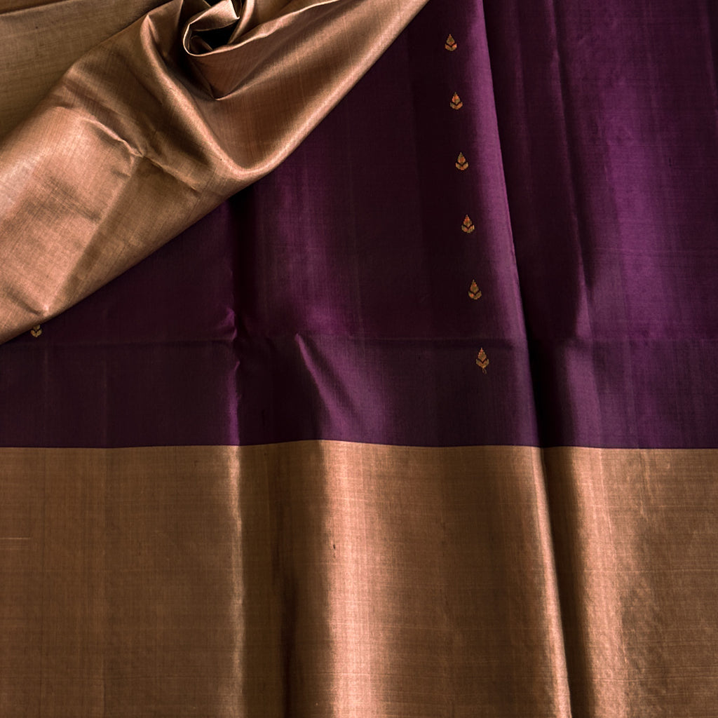 Royal Purple Saree Rose Gold Pallu Paisley Buta Woven Elegance