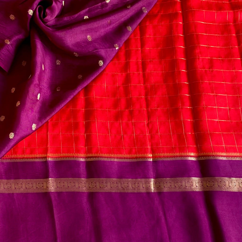 Scarlet Red Soft Crepe Silk Saree With Royal Purple Pallu
