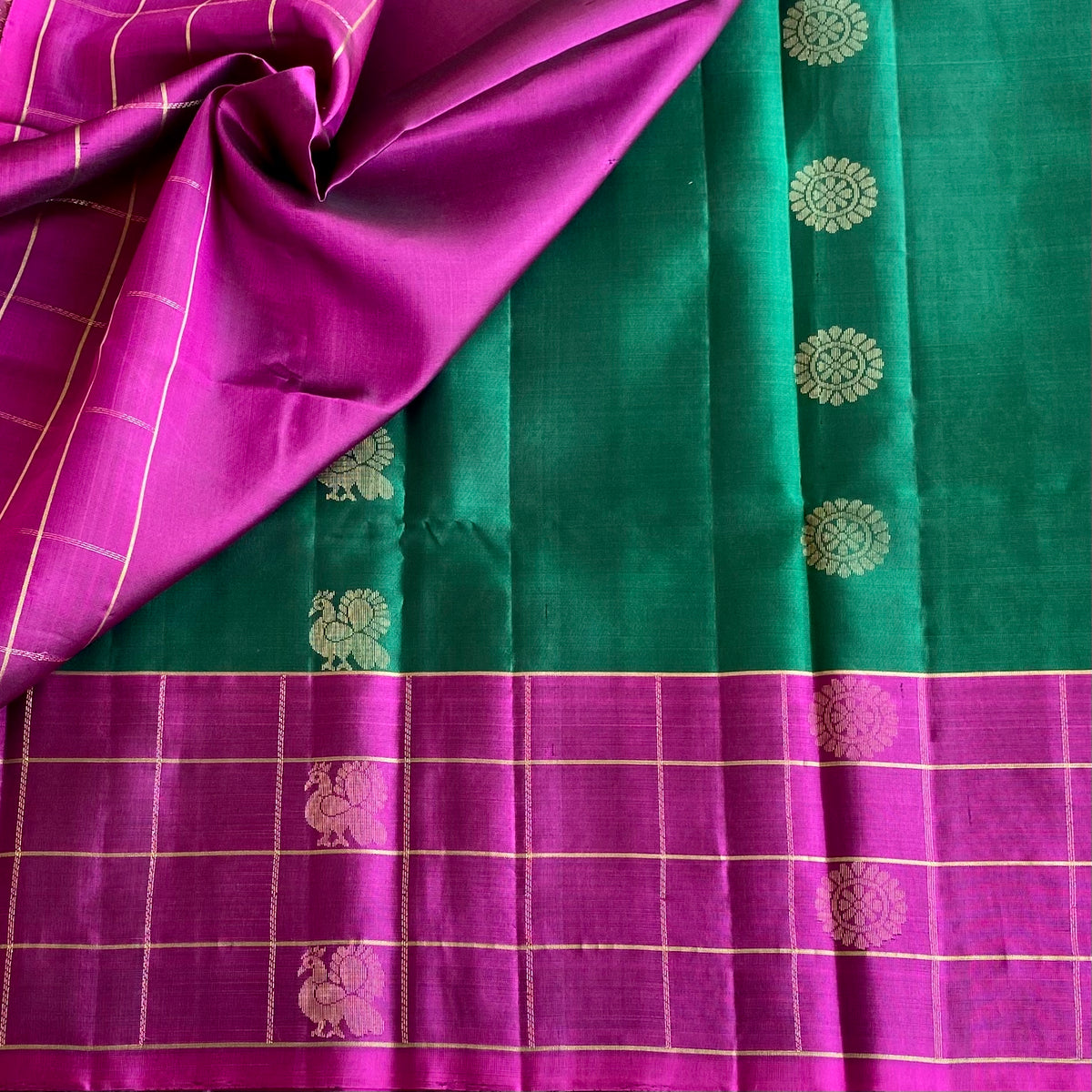 Emerald Green Deep Magenta Designer Pure Silk Saree With Checkered Weave