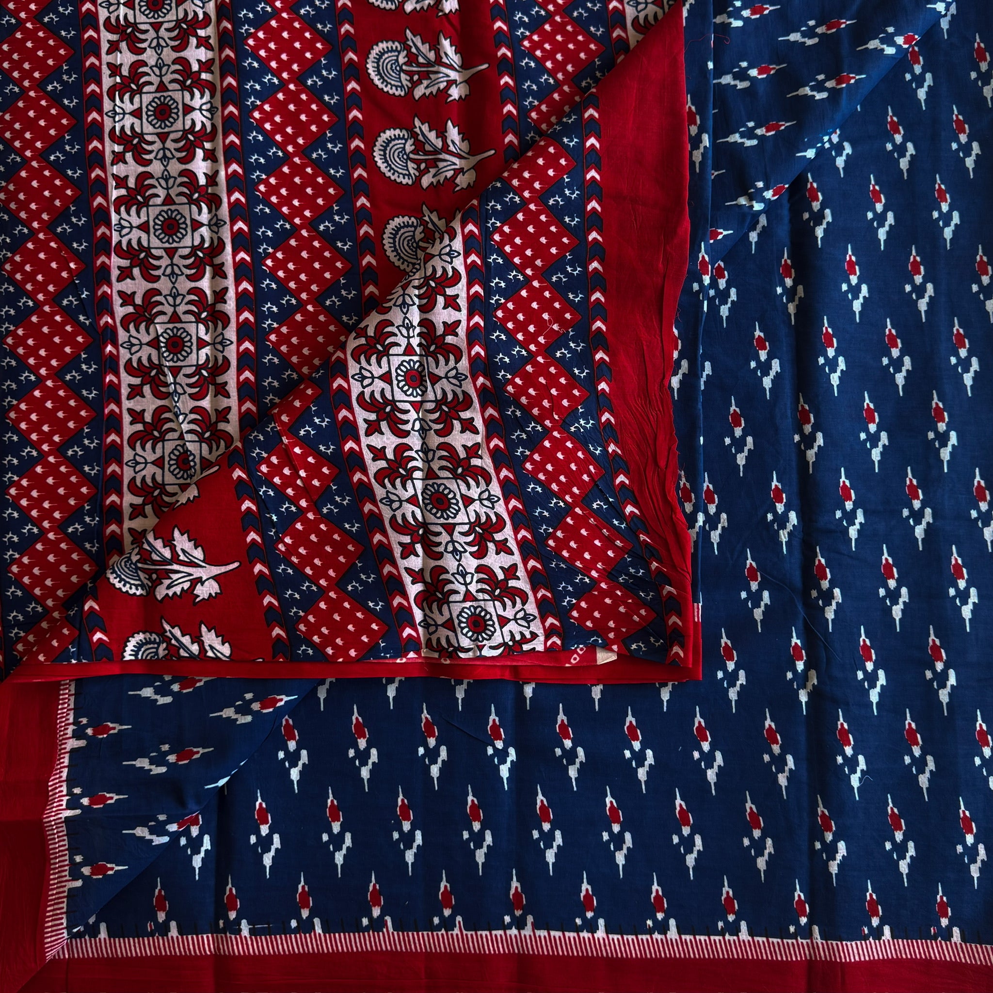 Navy Blue Crimson Cotton Ikat Saree Floral Panel Pallu Traditional